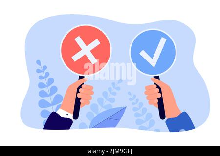 Hands holding signs with cross and checkmark. Wrong and right, cancel or approved vote of person flat vector illustration. Exam, survey, answer concep Stock Vector