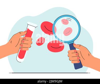 Hands holding magnifying glass and tube with blood sample. Doctor examining red blood cells of patient flat vector illustration. Medicine, health conc Stock Vector