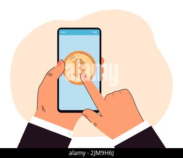 Finger of businessman touching bitcoin on mobile phone screen. Online cryptocurrency trading by man flat vector illustration. Trade, crypto money conc Stock Vector