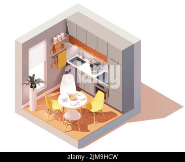 Vector isometric modern kitchen room. Dining table with chairs, modern furniture, stove, oven, refrigerator. Low poly cross-section illustration. Stock Vector