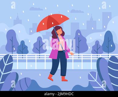 Happy female with umbrella walking through city in rain. Autumn or fall landscape with girl in rainy weather flat vector illustration. Weather, season Stock Vector