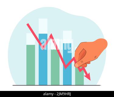 Hand holding lowing arrow in background of bar charts. Reduced income flat vector illustration. Reduction, recession concept for banner, website desig Stock Vector