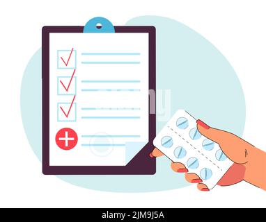 Medical prescription and hand holding pill blister. Patient taking medication flat vector illustration. Treatment, healthcare, pharmacy concept for ba Stock Vector