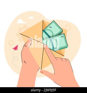Hand holding envelope with banknotes inside. Person taking loan in bank, getting salary or receiving bribe flat vector illustration. Finances, wealth Stock Vector