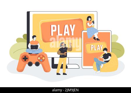 People playing video game on mobile phone and computer. Men and women playing console, using various hardware devices, laptop or tablet flat vector il Stock Vector