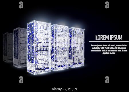 Hosting server racks low poly wireframe mesh made of points, lines and shapes. Vector polygonal art style design. Poster banner template with copy spa Stock Vector
