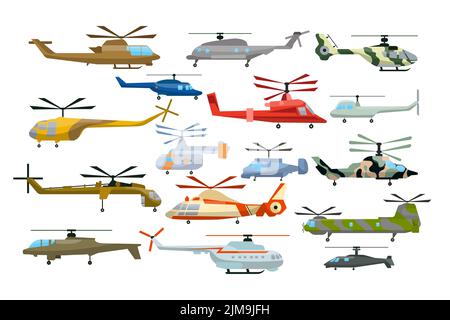 Colorful helicopters cartoon illustration set. Different military, medical, police helicopters, copters, windmills or choppers on white background. Av Stock Vector