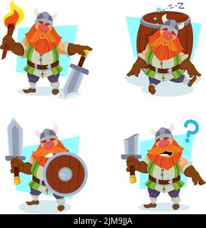 Collection of funny cartoon viking character sleeping, holding shield and sword Stock Vector
