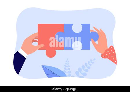 Hands of man and woman connecting puzzle pieces. Two people building relationship flat vector illustration. Togetherness, partnership, love concept fo Stock Vector