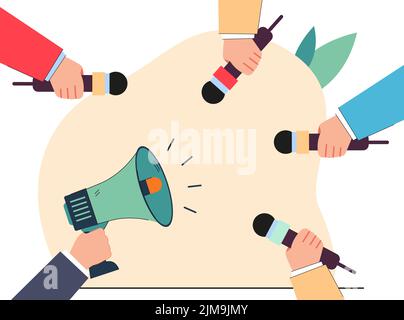 Hands holding megaphone and microphones flat vector illustration. Journalists recording interview. Announcement, journalism, mass media concept for ba Stock Vector