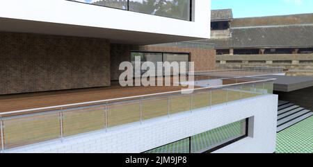 Large terrace on the roof of a modern advanced house. Terrace board covering. Wall decoration with multi-colored bricks. Reflective windows. 3d render Stock Photo
