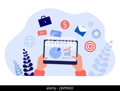Hands holding tablet with business plan or statistics on screen. Time or money management, budget planning flat vector illustration. Strategy, success Stock Vector