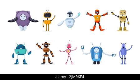 Happy toy robot cartoon characters flat vector illustrations set. Cute old and futuristic bots waving, childish cyborgs or assistants for kids on whit Stock Vector