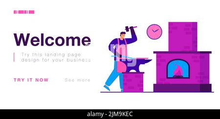Hard work of blacksmith and craftsman forging iron on anvil. Man in leather apron working with hammer on hot metal stick near forge flat vector illust Stock Vector