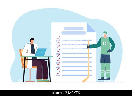 Hockey player at doctors office flat vector illustration. Sportsman taking medical examination and samples before competition. Sport, healthcare conce Stock Vector