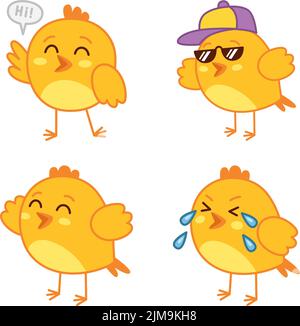 Set of cute hand-drawn chickens saying hi, wearing sunglasses and cap, smiling, crying Stock Vector