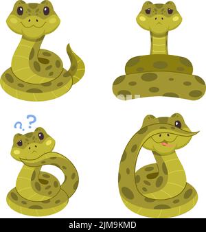 Set of cute hand-drawn snakes smiling, feeling sad, asking questions, covering eye Stock Vector