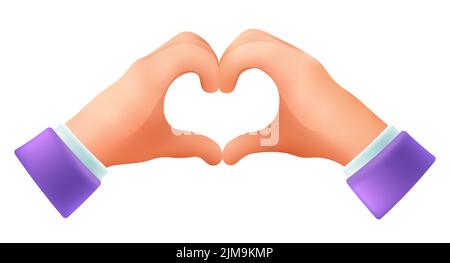 Hands making heart sign with fingers 3d cartoon style icon. Heart shape gesture flat vector illustration. Love, romantic relationship, gesturing, gree Stock Vector