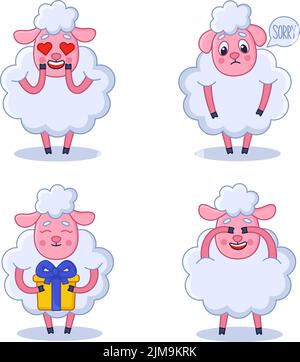 Set of cute hand-drawn sheep feeling love, sorry, holding gift box, covering eyes Stock Vector