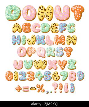 Letters and numbers in donut font vector illustrations set. Designs of alphabet letters and numbers from chocolate donuts or cookies with icing. Food, Stock Vector