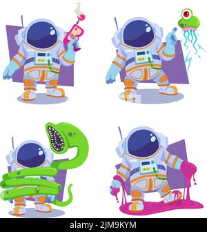 Set of hand-drawn astronauts holding blaster, pointing at jellyfish, being eaten with giant warm, stuck in slime Stock Vector