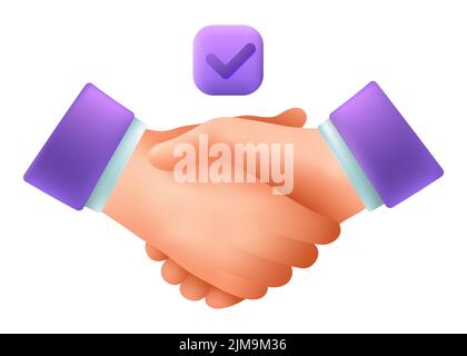 Handshake gesture 3d cartoon style icon. Businesspeople or partners shaking hands, making successful deal flat vector illustration, Partnership, agree Stock Vector