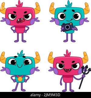 Set of hand-drawn little monsters scolding, holding camera, trident, wearing golden medal Stock Vector