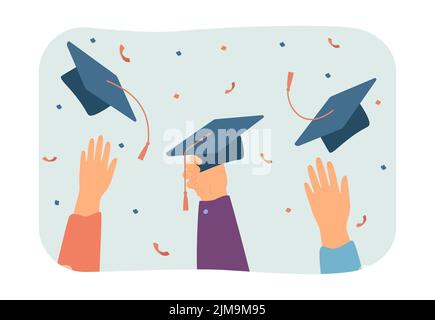 Hands throwing academic cups flat vector illustration Stock Vector ...