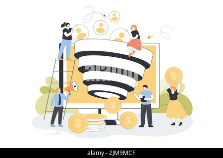 SMM managers attracting new followers flat vector illustration. Tiny people generating new subscribers or audience using funnel sales, increasing conv Stock Vector