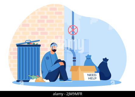 Homeless man sitting on ground flat vector illustration. Desperate hungry poor male person sitting on street near trash bin, asking for help, getting Stock Vector