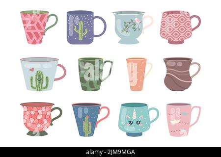 Modern ceramic or porcelain cups cartoon illustration set. Cute colorful mugs with flowers and doodle pattern for coffee, tea, matcha or different bev Stock Vector