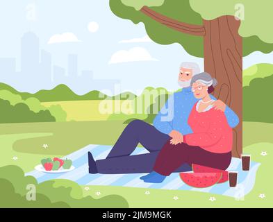 Old man and woman having picnic under tree in park. Cute scene with senior couple spending time together flat vector illustration. Family, vacation, l Stock Vector