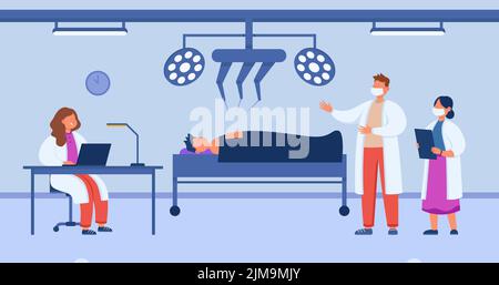Surgeon using surgical robot for operation on cartoon patient. Robotic surgery, hospital with innovative equipment flat vector illustration. Health, t Stock Vector