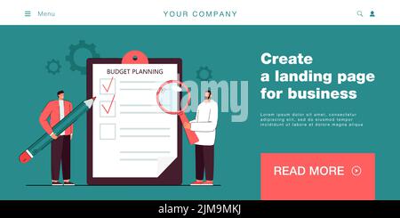 Tiny cartoon business partners planning budget. Businessmen analyzing document, financial management flat vector illustration. Finances, budget concep Stock Vector