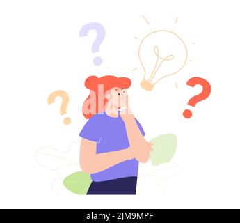 Pensive girl thinking flat vector illustration. Question marks and lightbulb in background. Woman searching for solutions and ideas. Problem, wonder, Stock Vector