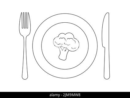Plate knife fork and broccoli line art icon set isolated on white background. Stock Vector