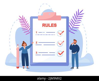 Tiny business people reading list of rules. Man and woman making checklist for control of companys management on huge clipboard flat vector illustrati Stock Vector