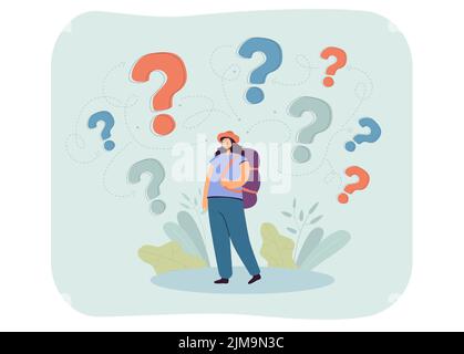 Female tourist with question marks above head. Girl with backpack thinking, wondering, making decision flat vector illustration. Travel, trip concept Stock Vector