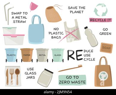 Recycle and reusable products cartoon illustration set. Metal straws, toothbrush, eco grocery bags, garbage cans. No plastic bags, reduce, reuse, recy Stock Vector