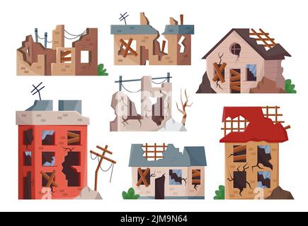 Old broken buildings set. Vector illustrations of destroyed houses after war, apocalypse or earthquake. Cartoon abandoned dirty property in poor condi Stock Vector