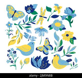 Flowers and birds in blue and yellow colors. Beautiful plants, flying butterflies on white background cartoon illustration set. Nature, animal, greene Stock Vector