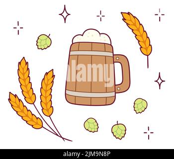 Beer doodle with vintage beer mug, wheat and hops. Hand drawn cartoon sketch style. Isolated vector illustration set. Stock Vector
