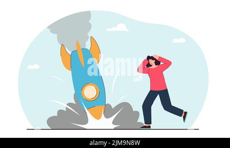 Frustrated businesswoman and falling rocket. Business or company failure scene flat vector illustration. Crisis, bankruptcy, startup, risk concept for Stock Vector