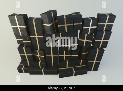 A stacked wall of different sized rectangular gift boxes wrapped in ...