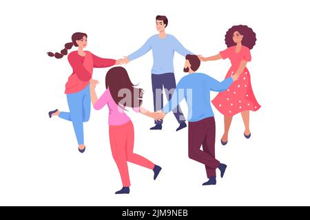 People of different nationalities holding hands in circle. Multicultural persons round dancing together flat vector illustration. International commun Stock Vector