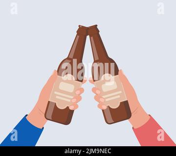 Cheers with beer bottles. Hands holding bottles with alcohol drinks. Friends toast on pub or bar party. Vector illustration Stock Vector