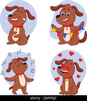 Set of cute cartoon dog singing, laughing, holding carnival garland and sitting with hearts in eyes Stock Vector