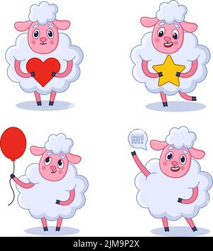 Set of cute hand-drawn sheep holding heart, star, balloon, saying hi Stock Vector