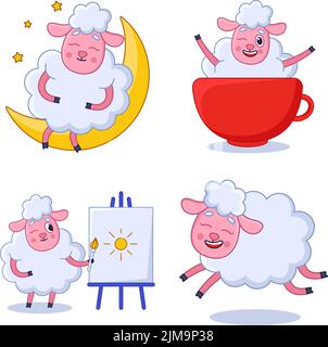 Set of cute hand-drawn sheep sitting on moon, in cup, painting sun, running Stock Vector