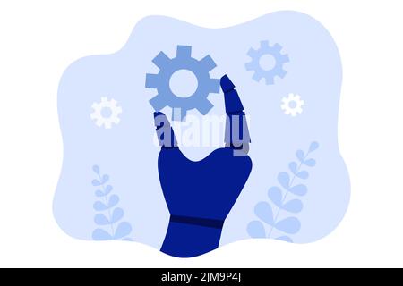 Robotic hand holding gear. Hand of robot or machine cogwheel flat vector illustration. Technology, automation, artificial intelligence concept for ban Stock Vector